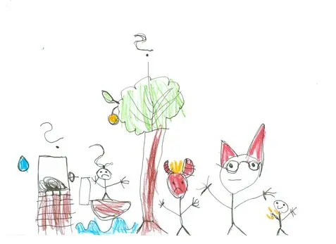 Eine Kinderzeichnung, die das Märchen vom teufel mit den 3 goldenen Haaen zeigt.